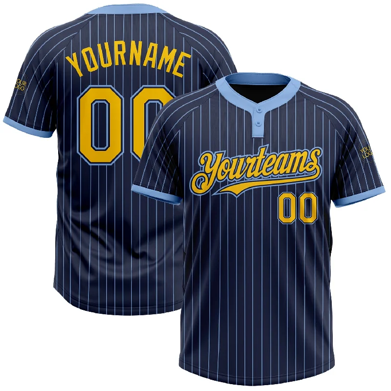 Personalized softball jersey for corporate events-Custom Navy Light Blue Pinstripe Yellow Two-Button Unisex Softball Jersey