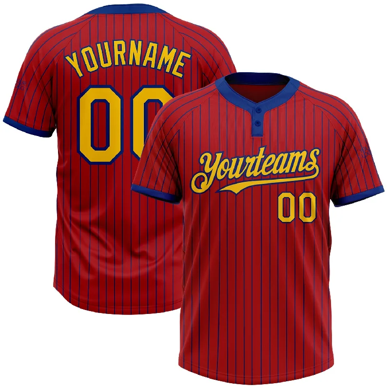 Softball jersey with contrast piping for a classic sporty look-Custom Red Royal Pinstripe Yellow Two-Button Unisex Softball Jersey