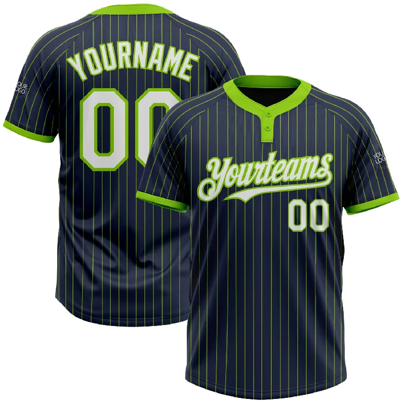 Softball jersey with reinforced stitching for durability-Custom Navy Neon Green Pinstripe White Two-Button Unisex Softball Jersey