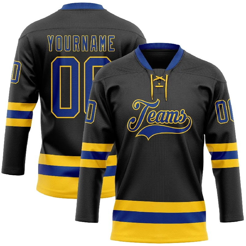 Custom hockey jersey for tournament teams-Custom Black Royal-Yellow Hockey Lace Neck Jersey