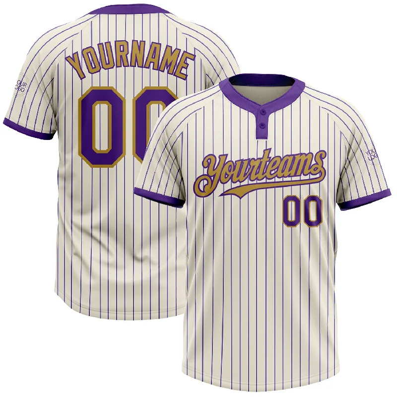 Personalized softball jersey with number-Custom Cream Purple Pinstripe Old Gold Two-Button Unisex Softball Jersey