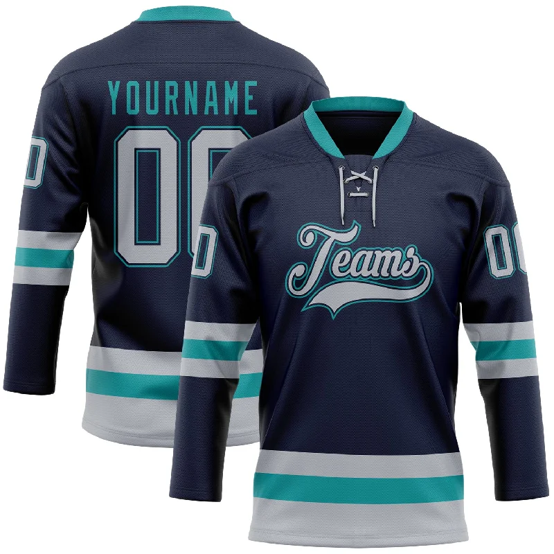 Personalized hockey jersey for family teams-Custom Navy Gray-Teal Hockey Lace Neck Jersey