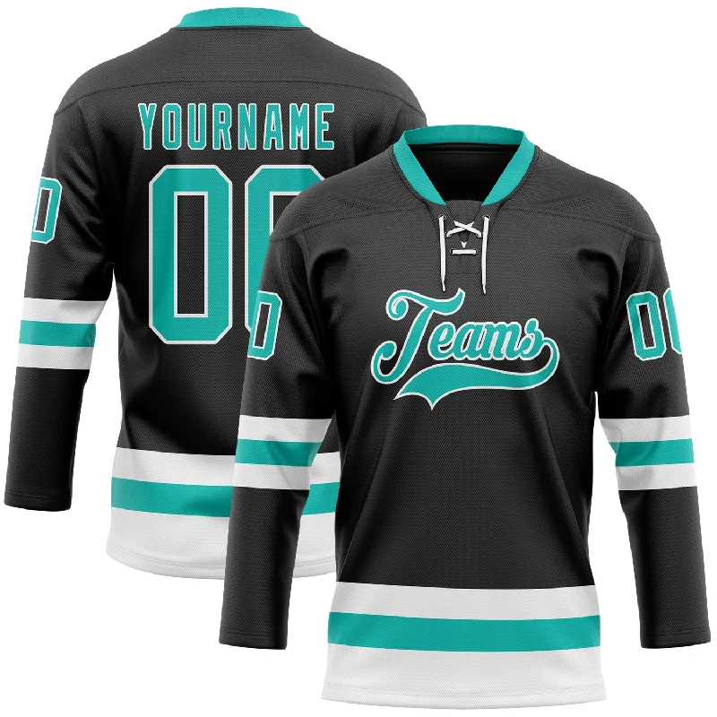 Hockey jersey with technical fabric for temperature control-Custom Black Aqua-White Hockey Lace Neck Jersey