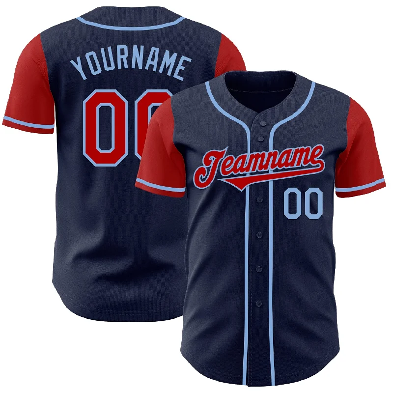 Personalized baseball jersey for coaches and staff-Custom Navy Red-Light Blue Authentic Two Tone Baseball Jersey