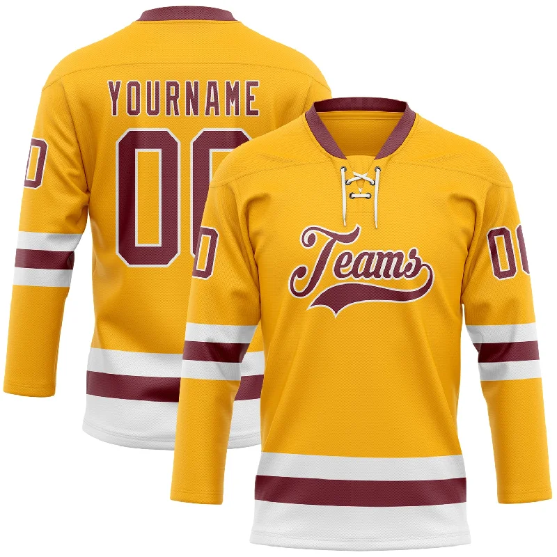 Hockey jersey with flexible, stretchable material-Custom Gold Burgundy-White Hockey Lace Neck Jersey