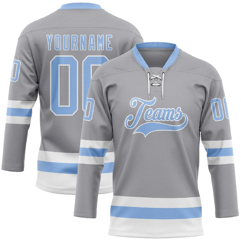 Hockey jersey with optimal moisture management for athletes-Custom Gray Light Blue-White Hockey Lace Neck Jersey