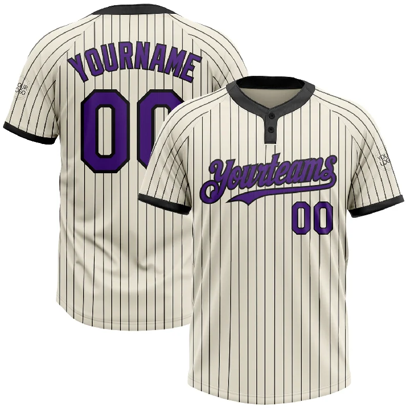 Custom softball jersey with mesh back for ventilation-Custom Cream Black Pinstripe Purple Two-Button Unisex Softball Jersey