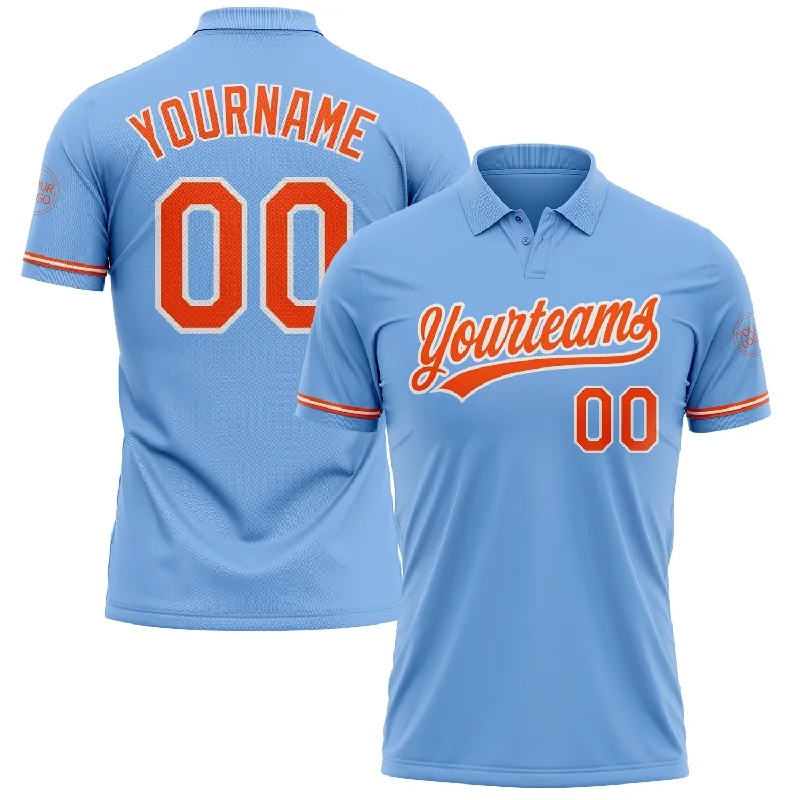 Personalized golf polo shirt with number and name-Custom Light Blue Orange-White Performance Vapor Golf Polo Shirt