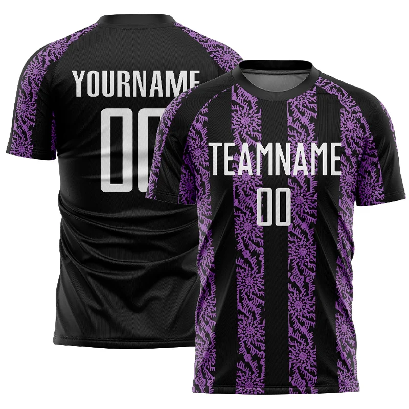 Personalized soccer jersey for fans of all ages-Custom Black White-Medium Purple Abstract Shape Sublimation Soccer Uniform Jersey