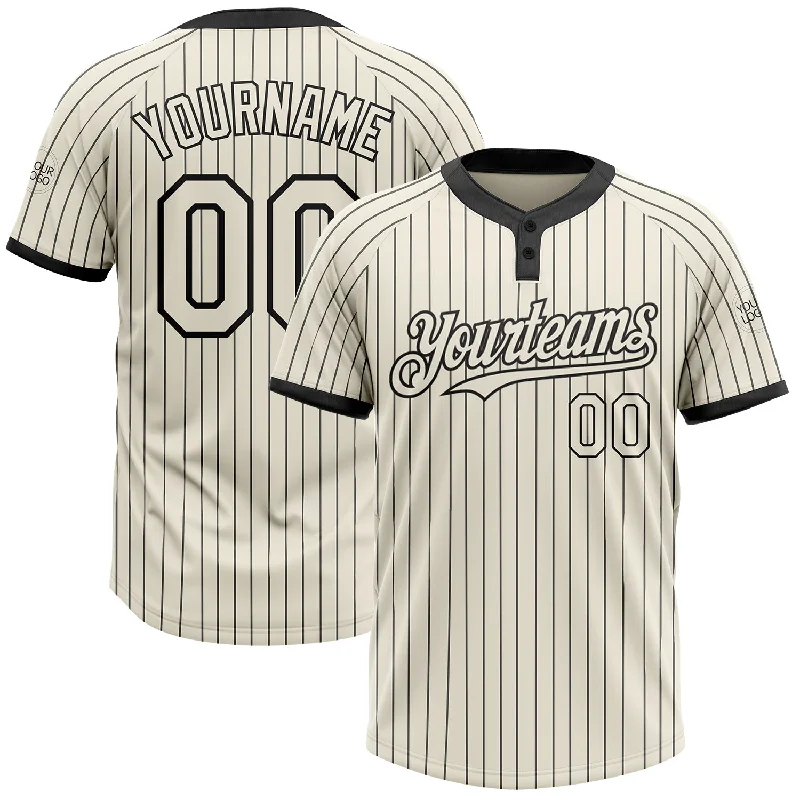 Softball jersey with a zip-up collar for style and comfort-Custom Cream Black Pinstripe Black Two-Button Unisex Softball Jersey