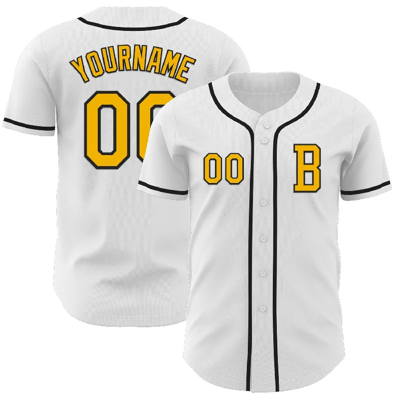 Customized baseball jersey for the whole team-Custom White Gold-Black Authentic Baseball Jersey