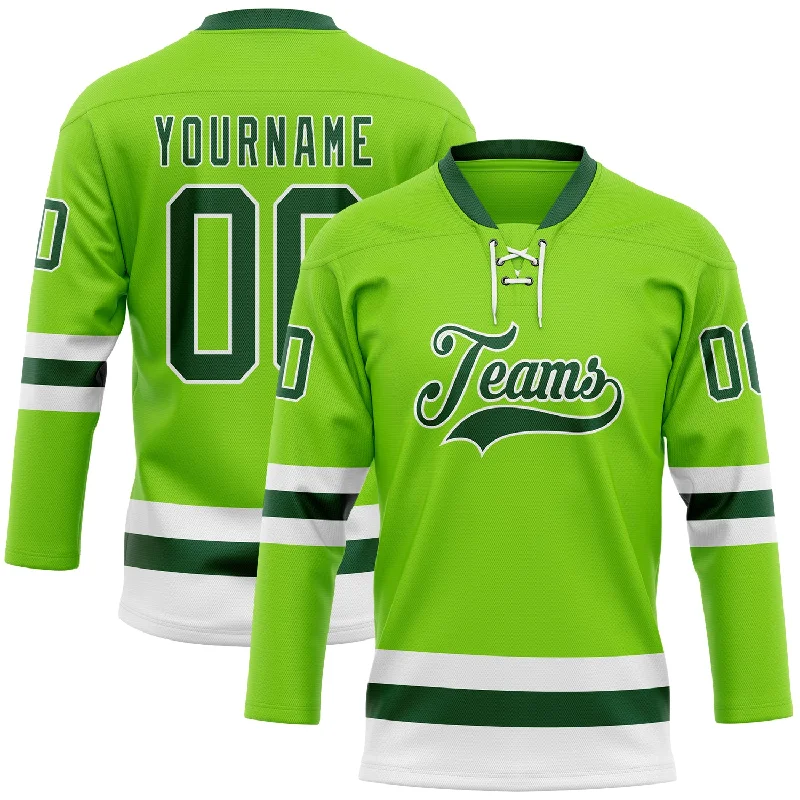 Hockey jersey with smooth fabric for ease of movement-Custom Neon Green Green-White Hockey Lace Neck Jersey