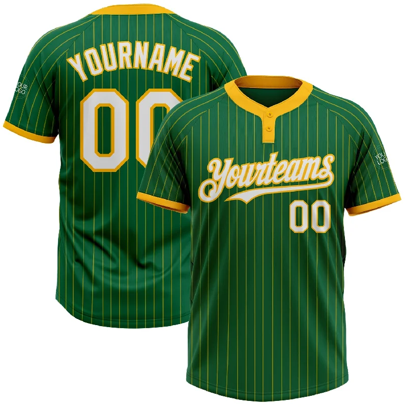 Softball jersey with a moisture-resistant finish-Custom Kelly Green Gold Pinstripe White Two-Button Unisex Softball Jersey