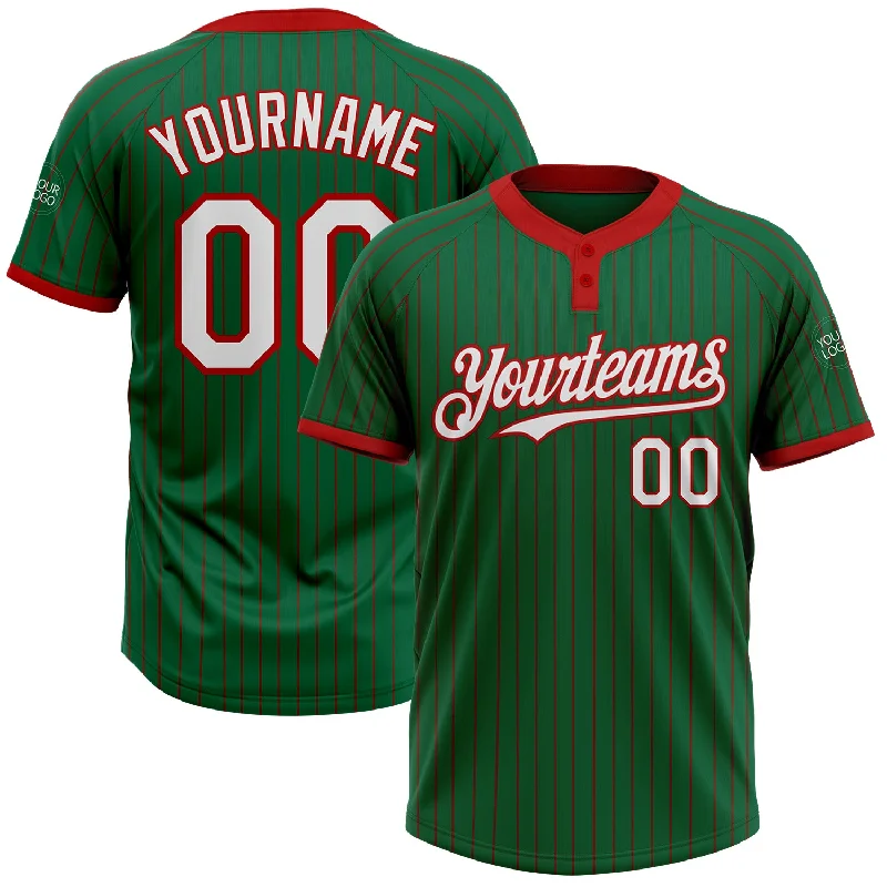 Softball jersey with a classic design for team pride-Custom Kelly Green Red Pinstripe White Two-Button Unisex Softball Jersey