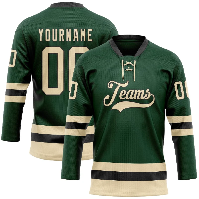 Hockey jersey with moisture-wicking technology-Custom Green Cream-Black Hockey Lace Neck Jersey