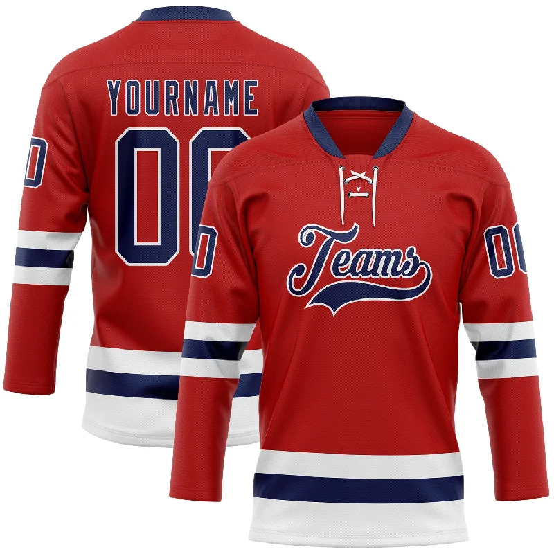 Hockey jersey with breathable material for comfort-Custom Red Navy-White Hockey Lace Neck Jersey