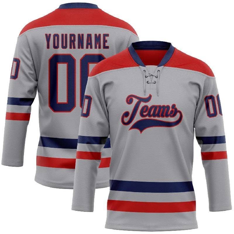 Custom hockey jersey for professional leagues-Custom Gray Navy-Red Hockey Lace Neck Jersey