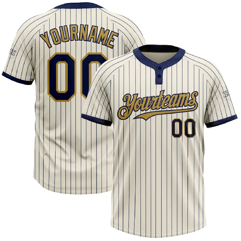 Softball jersey with anti-wrinkle technology for easy maintenance-Custom Cream Navy Pinstripe Old Gold Two-Button Unisex Softball Jersey