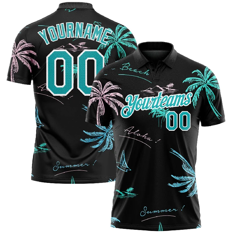 Golf polo shirt with a perfect blend of style and comfort-Custom Black Teal-White 3D Pattern Design Hawaii Palm Trees Performance Golf Polo Shirt