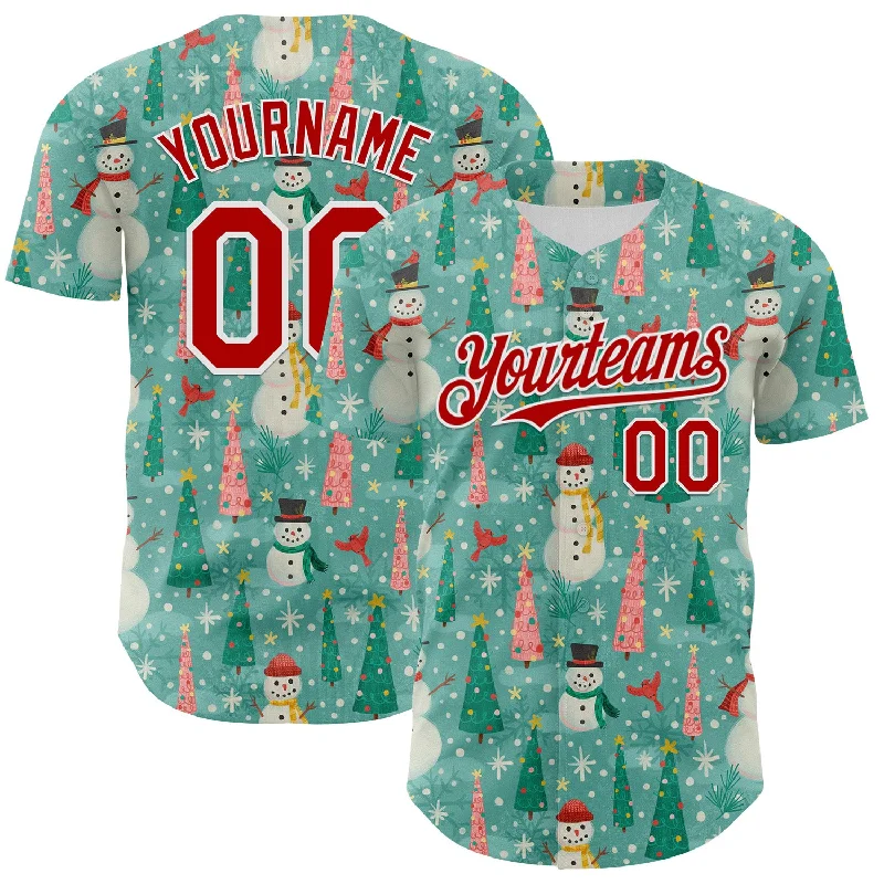 Custom team baseball jersey with your logo-Custom Teal Red-White 3D Emi Bee Merry Snowmen Authentic Baseball Jersey