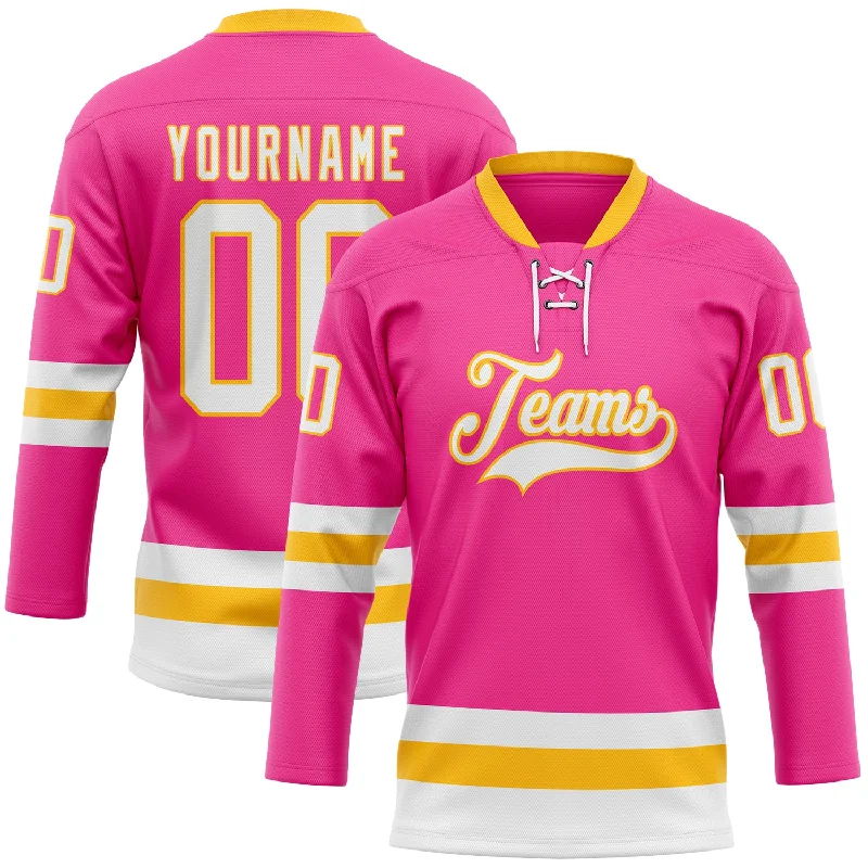 Custom hockey jersey for youth hockey leagues-Custom Pink White-Gold Hockey Lace Neck Jersey