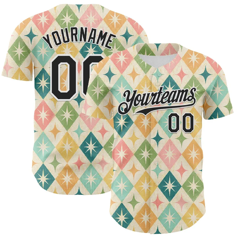 Personalized baseball jersey for charity and fundraising events-Custom Cream Black-White 3D Emi Bee Harlequin Starbursts Authentic Baseball Jersey