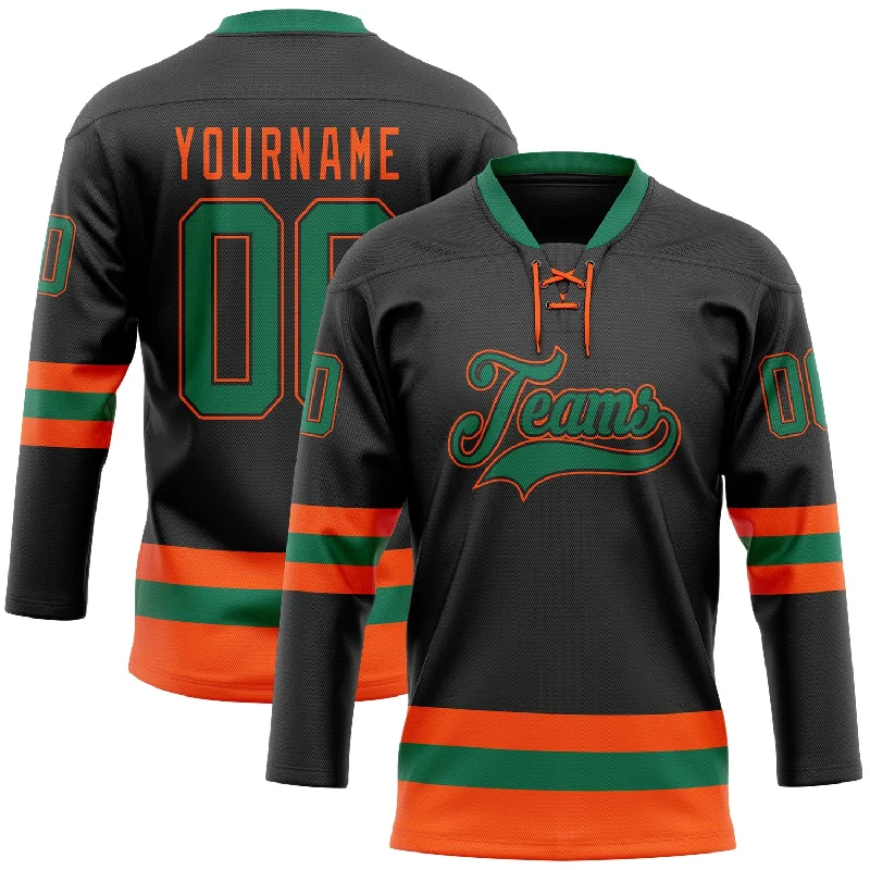 Personalized hockey jersey for special events-Custom Black Kelly Green-Orange Hockey Lace Neck Jersey