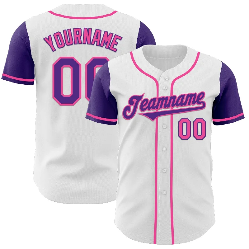 Custom baseball jersey for little league players-Custom White Purple-Pink Authentic Two Tone Baseball Jersey