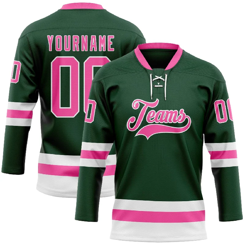 Custom hockey jersey with embroidered patches-Custom Green Pink-White Hockey Lace Neck Jersey