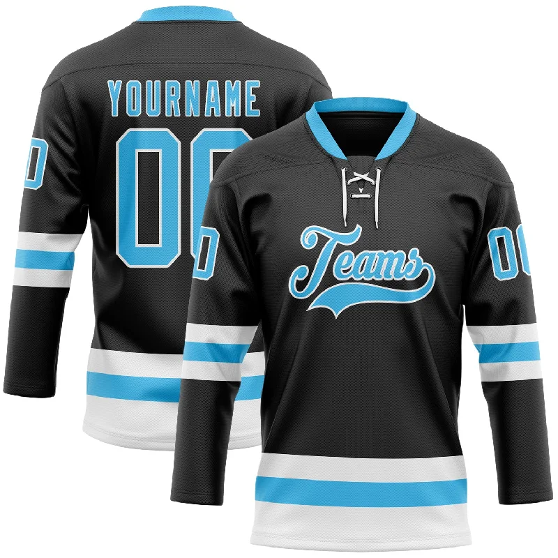 Hockey jersey with comfortable fabric for long periods of wear-Custom Black Sky Blue-White Hockey Lace Neck Jersey