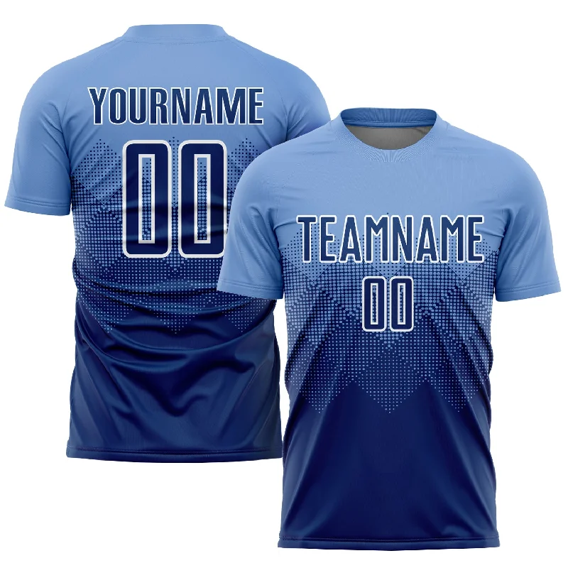 Custom soccer jersey with sleek modern lines-Custom Light Blue Navy-White Sublimation Soccer Uniform Jersey